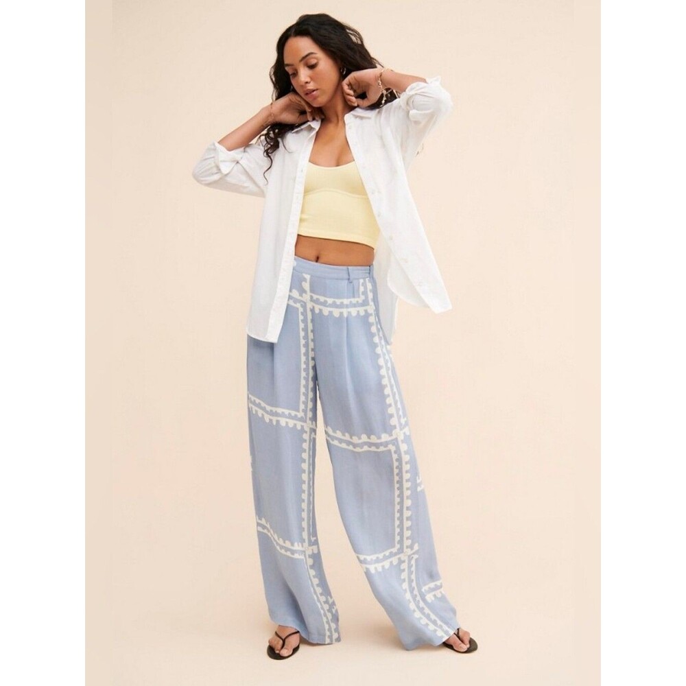 Møn Renn Serape Wide Leg Breezy Relaxed Fit Flowy Pants in Blue Postcards L